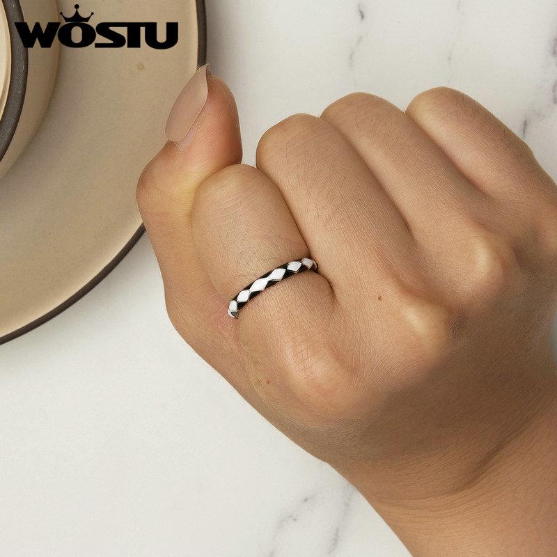 WOSTU 925 Sterling Silver Simple Diamond Pattern Ring for Women Band Original Design Jewelry