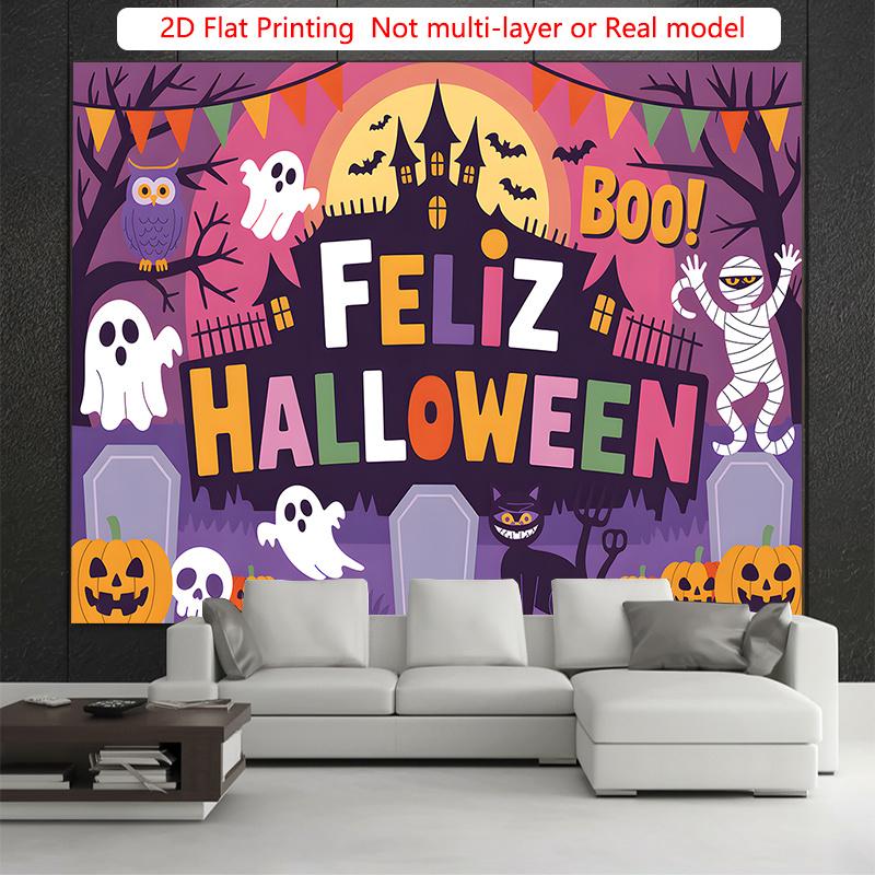 Party Backdrop Halloween Castle Flat Spooky Ghosts Pumpkins Cats Bats Skulls Event Backdrop Decoration Party Decor