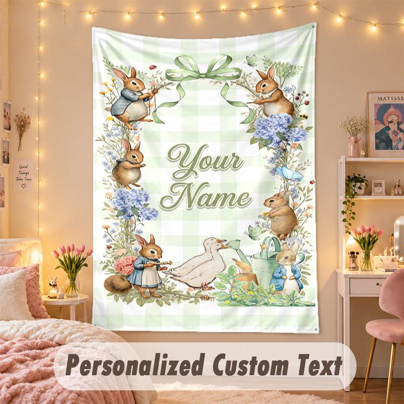 Custom Personalized Tapestry,Peter Rabbit Print Custom Name Text Wall Art Hanging for Bedroom