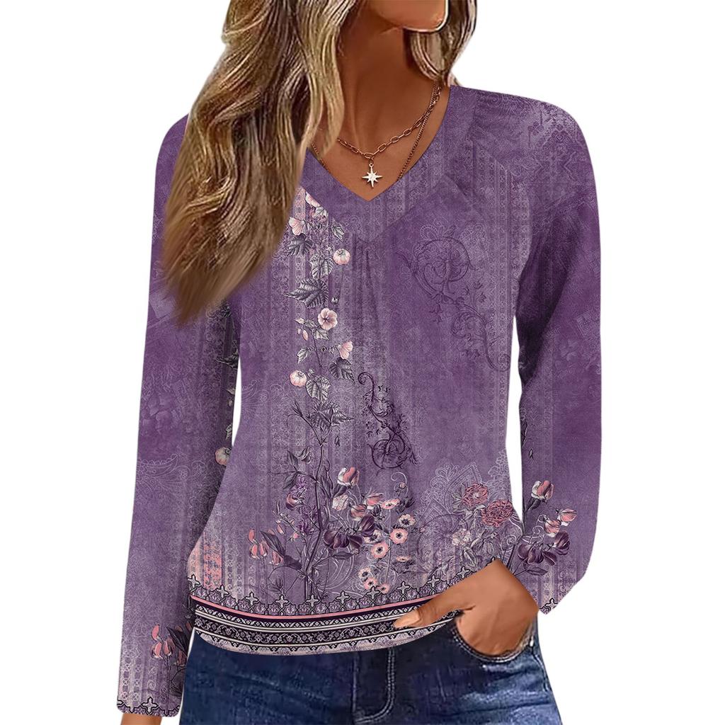 Женский повседневный модный топ с V-образным вырезом, регланом, плиссировкой, ретро-принтом и длинным рукавом