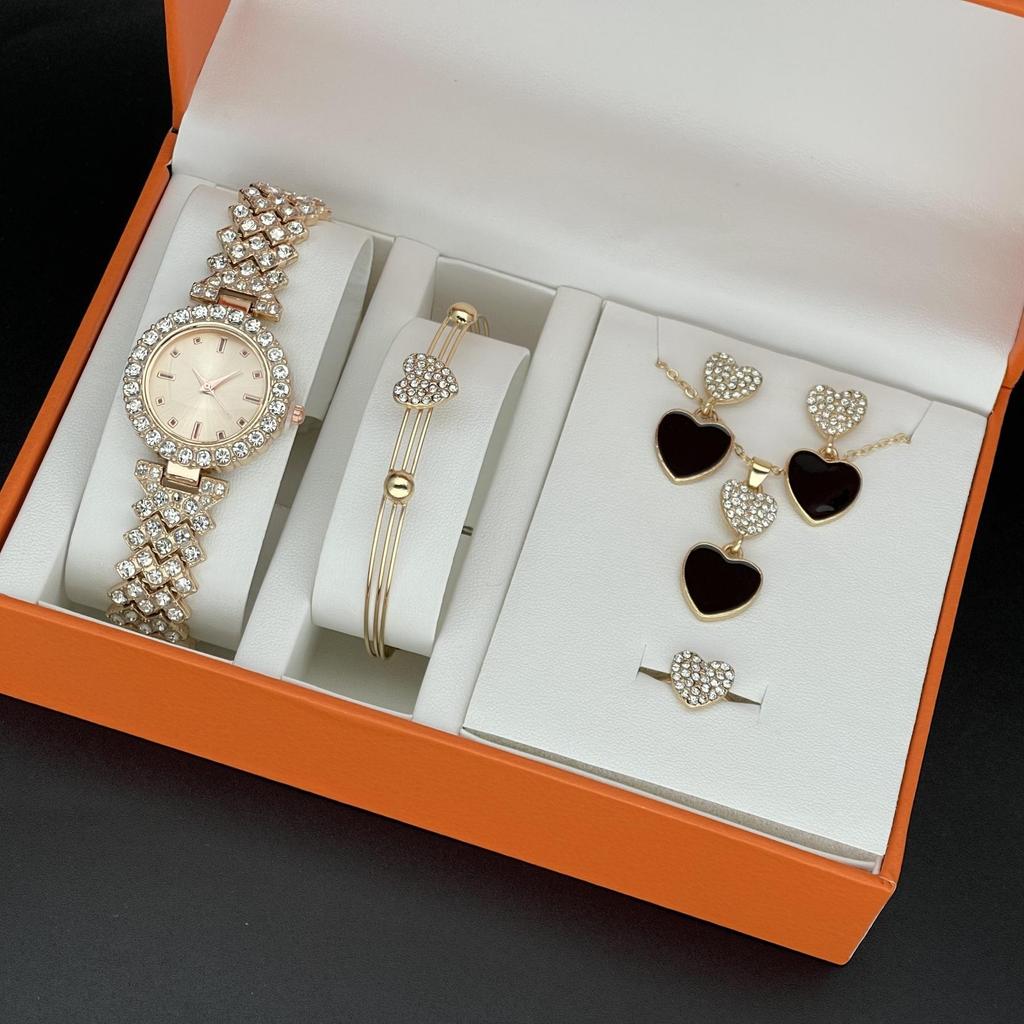 Fashion 6Pcs/Set Women'S Watch, Full Diamond Without Scale Bracelet Quartz Watch + Love Jewelry Set
