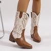 Vintage Slip On Women Western Cowgirl Boots Fashion Elegant Embroidery Shoes Thick Heel Women's Modern Mid Calf Booties