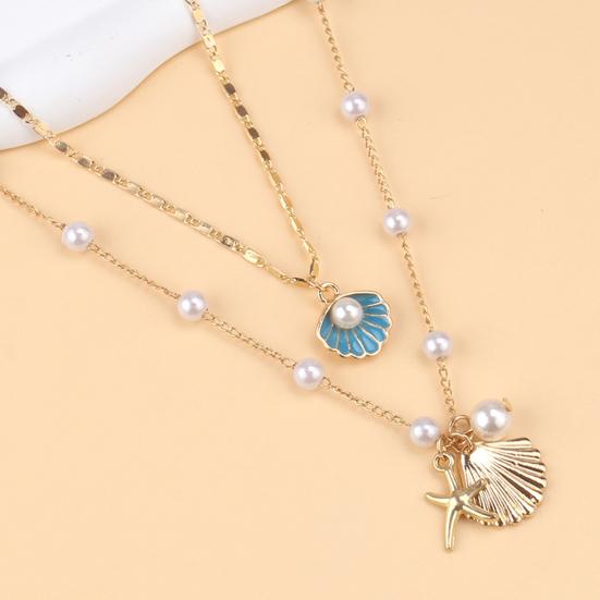 Women Necklace Double-layered Shell Starfish Charm Faux Pearl Decor Adjustable Length Ocean Theme Clavicle Ncklace Prom Party Cosplay Neck Jewelry