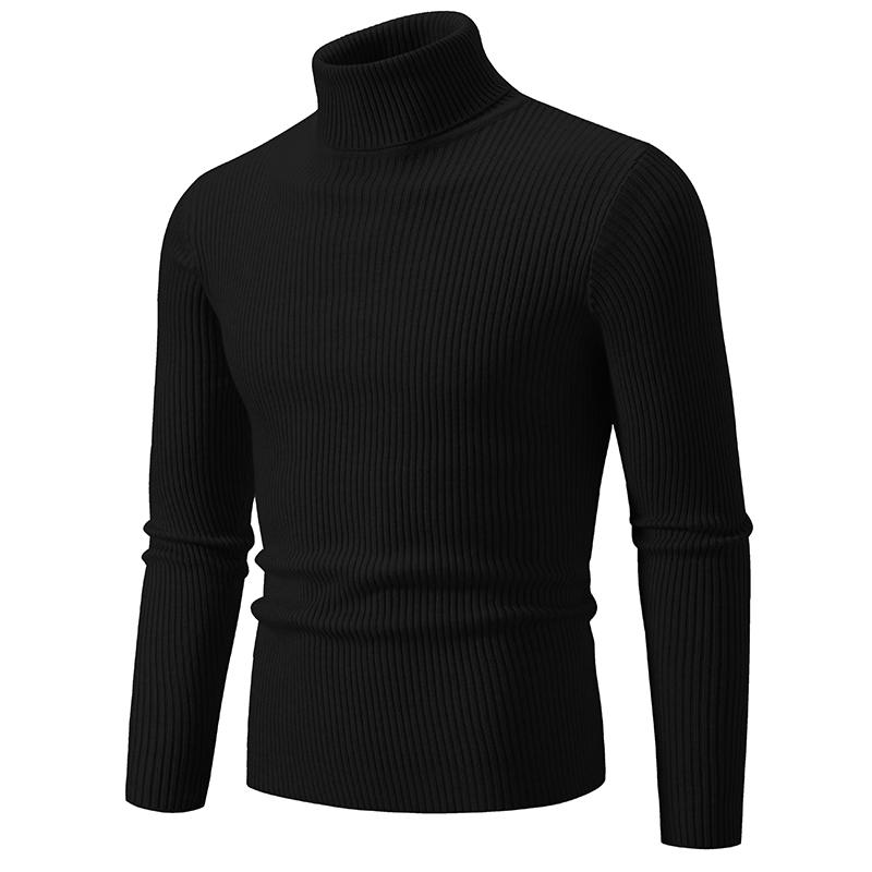 Men's High-Neck Pullover Sweater Autumn Casual Elastic Solid Color Vertical Stripe Knitted Comfortable Basic Sweaters