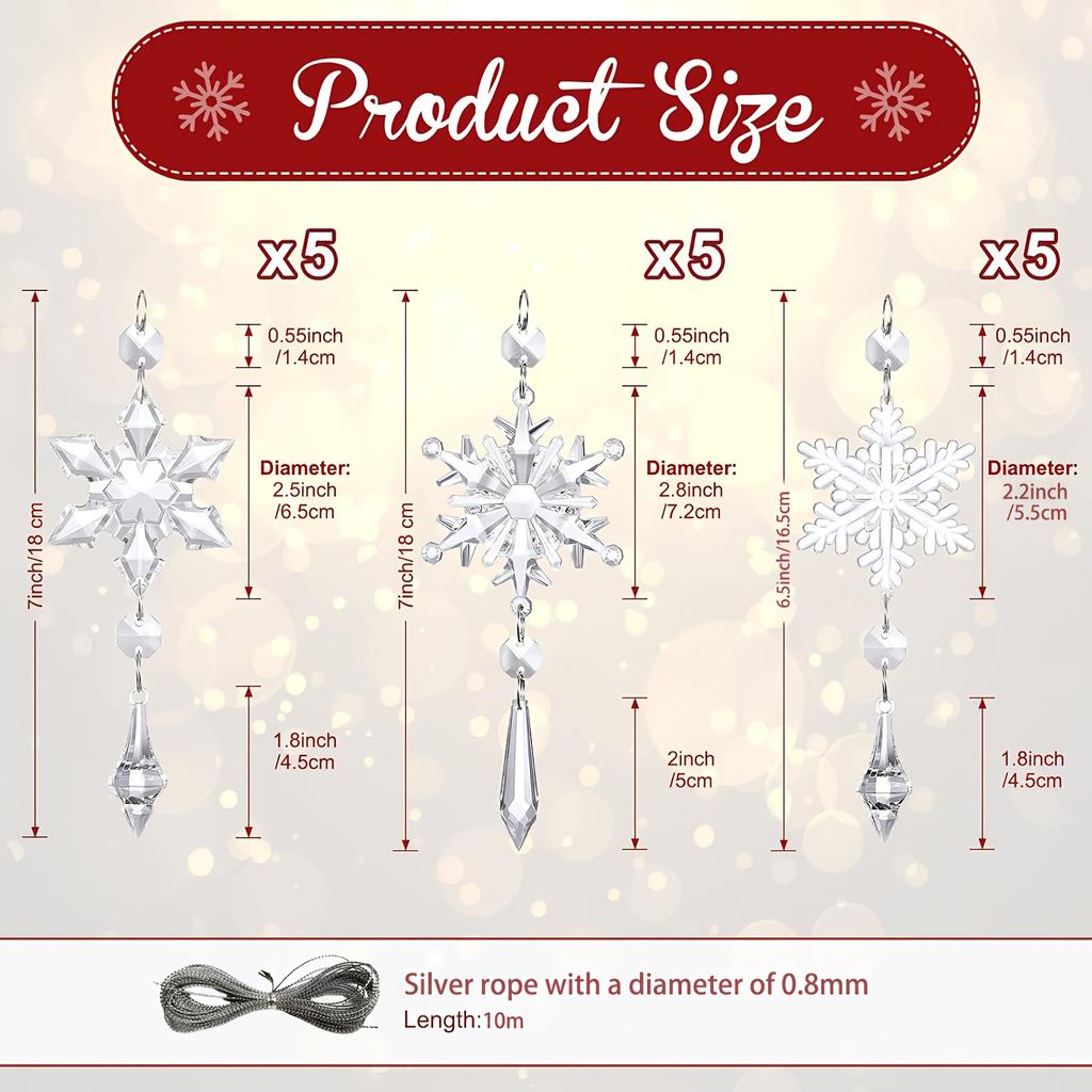 15pcs Elegant Crystal Snowflake Ornaments with 393.7inch Long Silvery Rope, Christmas Tree Acrylic Snowflake Winter Wonderland Decorations, Sparkling