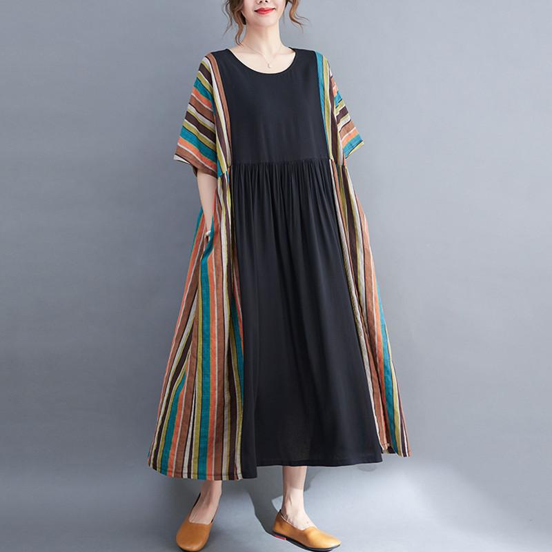 Short Sleeve Plus Size Cotton Women Casual Loose Long Dress
