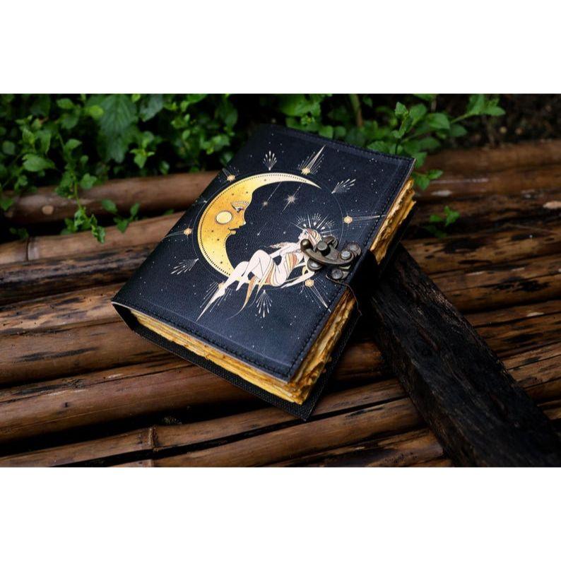 Солнце и луна Кожаный блокнот ручной работы Бумага с необрезанным краем, Пустой журнал теней для заклинаний, подарок для него, книга для путешествий. ( 100 страниц )