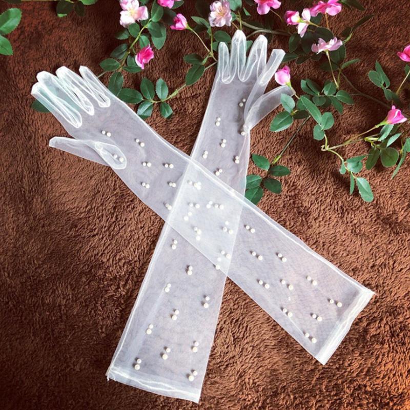 55 Cm Transparent Wedding Gloves Pearls Long Elbow Mittens Mesh Arm Covers Women Party Bridal Dress Accessories Photo Props