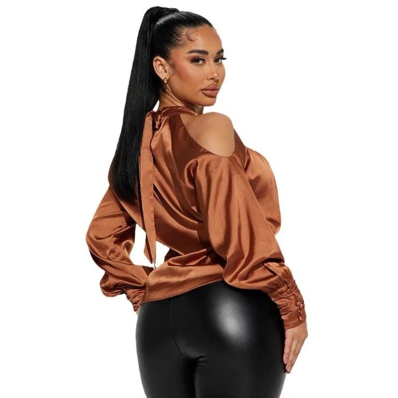 Spring Women Casual Loose Fashion Shirt Satin Shirt Autumn Commuter Hollow Long Sleeve Top Office Ladies Loose Tops Blusas 30473