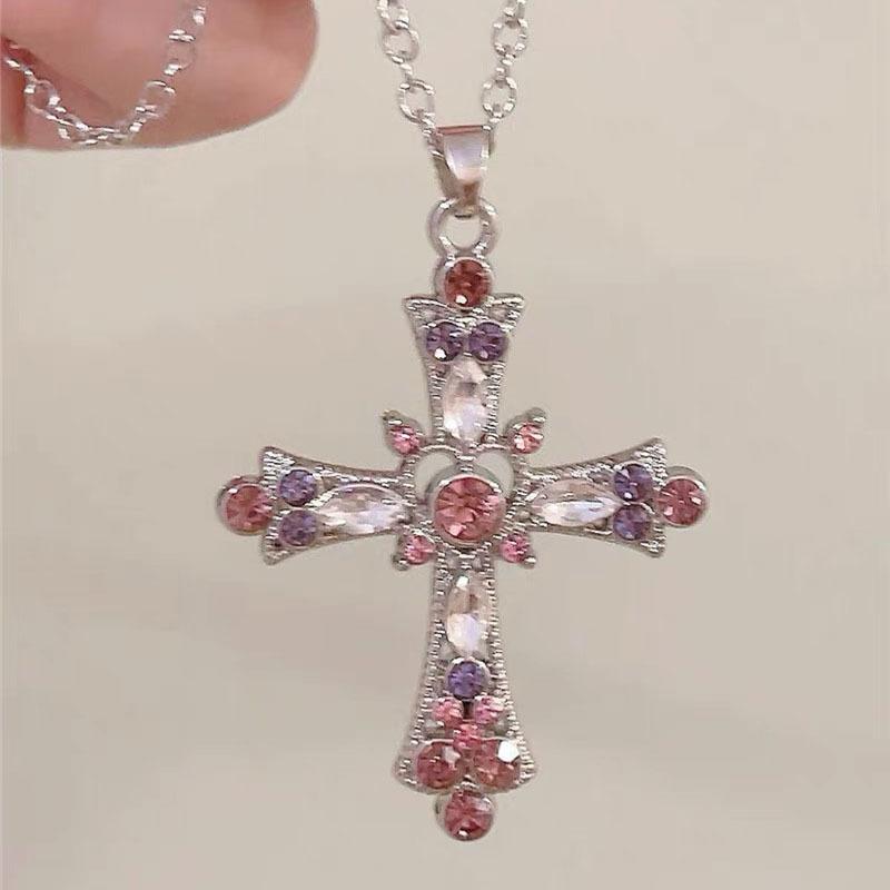 Vintage Pink Purple Rhinestone Cross Necklace for Women, Dainty Gemstone Christian Cross Pendant, Religious Catholic Boho Cross Jewelry Gift
