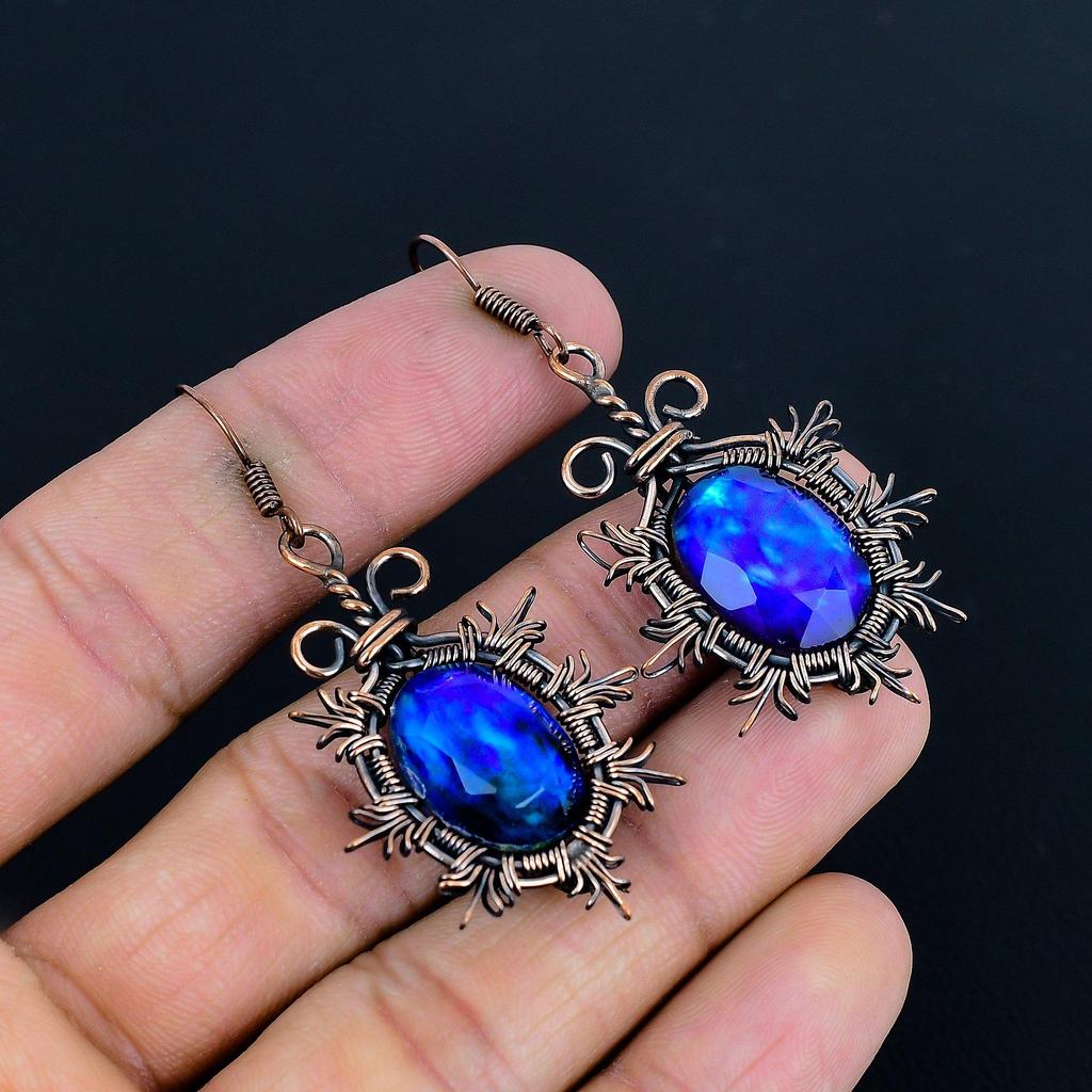 Серьги с аммолитом, Ювелирные изделия из драгоценных камней, Серьги ручной работы, обернутые медной проволокой 999 пробы, Ювелирные изделия новейшего дизайна