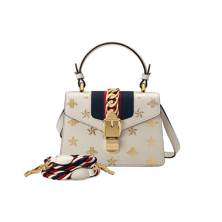 Gucci Sylvie Gold Buckle Bee Star Pattern Striped Web Leather Crossbody Bag Women bags White 470270-DJ2SG-8963