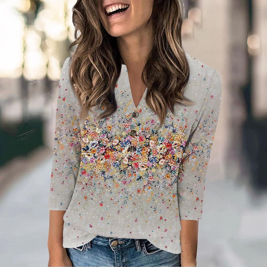 Women's Fashion Casual Loose 3/4 Sleeve Printed Round Neck Top