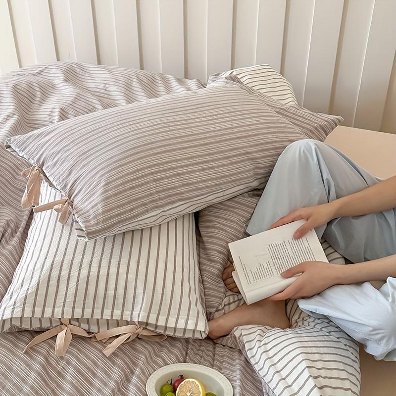 2 шт., Пара наволочек из 100% хлопка с бантом, Стандартный размер A, Светло-бежевый, Комфорт, приятный к коже, В полоску с бантом для декора, Подходит для гостиной