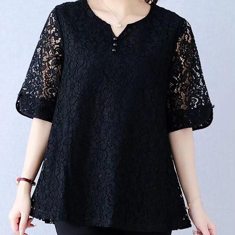 Ladies V-neck Blouse Oversize Blouse Lace Chiffon Summer Short-sleeved Blouse for Women