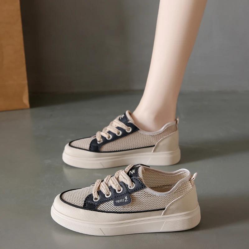 Модная женская обувь 2024 года, женская обувь из вулканизированной кожи на шнуровке, осенняя, разноцветная, дышащая, сетчатая, на платформе, повседневная, удобная, спортивная обувь