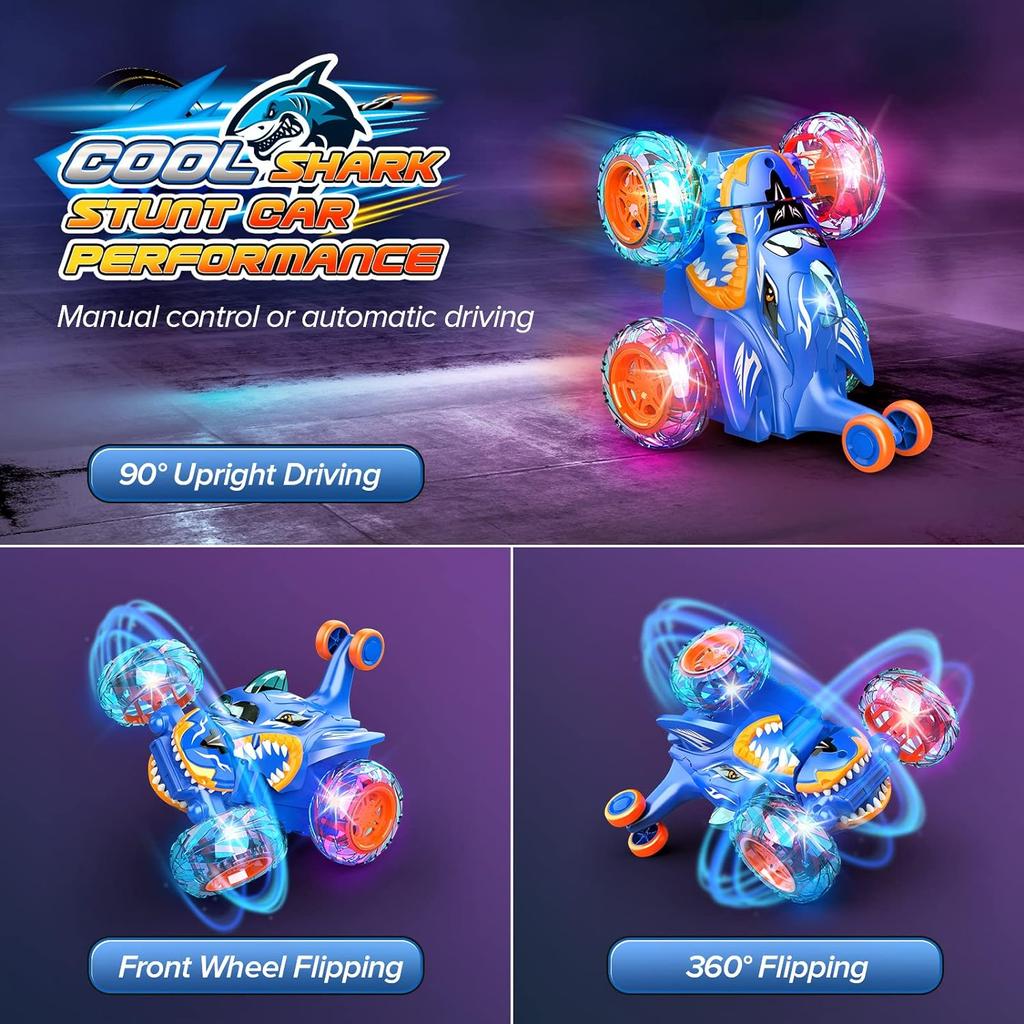 Радиоуправляемые машинки для мальчиков 3+: Машинки для трюков с дистанционным управлением в виде акулы, подарок на 360°, Твистер с подсветкой, уличные игрушки, чулки для детей