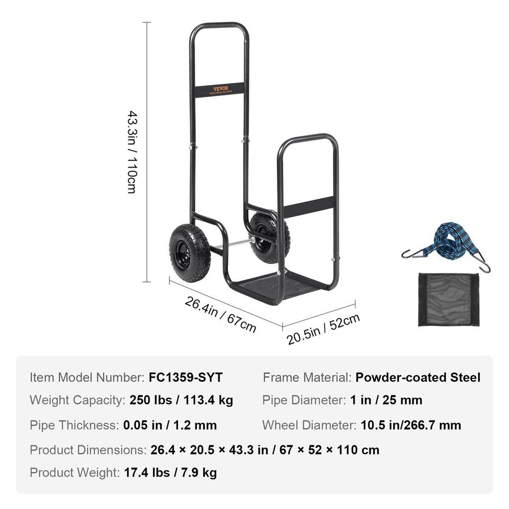 Firewood Log Cart, 113.4 kg Load Capacity, Outdoor and Indoor Wood Rack Storage Mover with Pneumatic Rubber Wheels, Heavy Duty Steel Dolly Hauler,