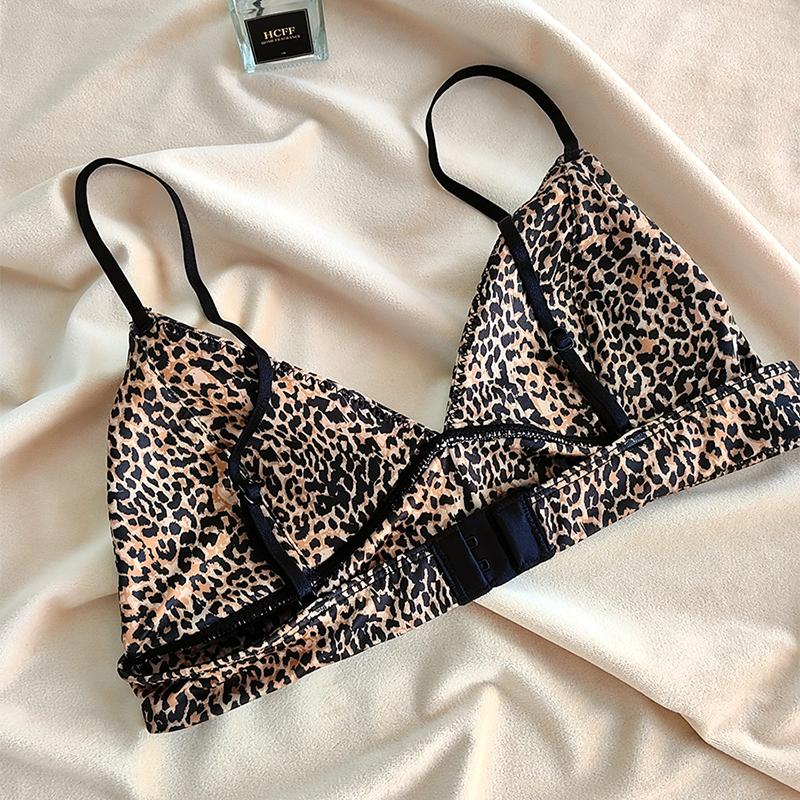Сексуальное женское нижнее белье с леопардовым принтом, бюстгальтер с треугольными чашками, классическое бесшовное нижнее белье с открытой спиной, французский глубокий V-образный вырез, беспроводной бюстгальтер