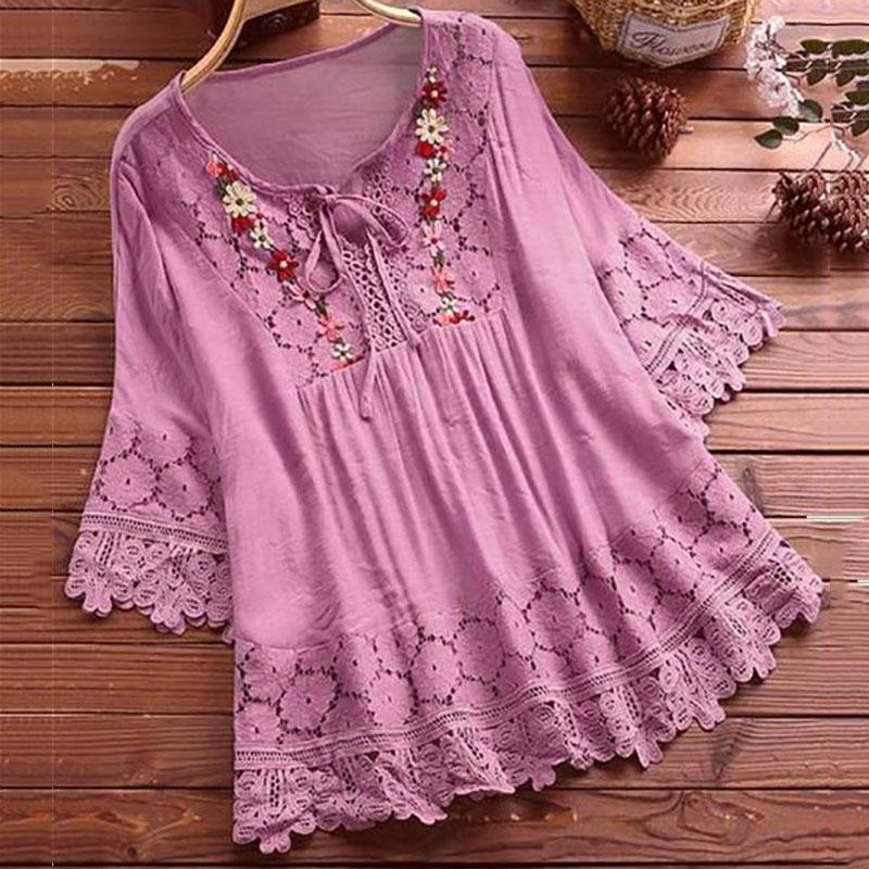 Women Lace Embroidery Flower Loose Plus Size Half Sleeve Shirt