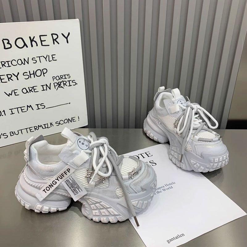 Korean Version of Retro Slim Daddy Shoes Women's 2025 New Breathable Mesh Letter Platform Casual Sports Shoes