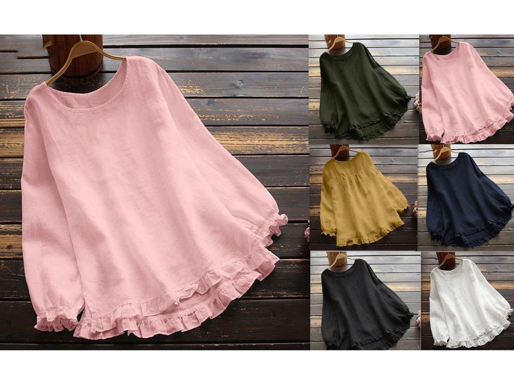 2024 Women's Cotton Linen Ruffle Cuff Long Sleeve Round Neck Shirt