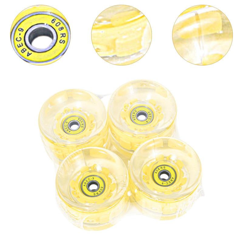 4Pcs Skateboard Wheels Flash with Bearings Wear Resistant 65mm 78A Transparent PU Smooth Repair Parts with Light Rollers