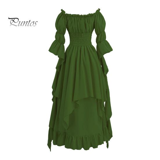 Платье на Хэллоуин Винтажное ренессансное средневековое викторианское пиратское платье Бальное платье для выпускного вечера с открытыми плечами и рукавами-колокольчиками с рюшами и плиссировкой Нерегулярный подол Макси-платье