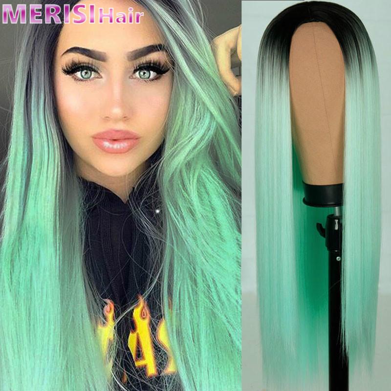 MERISIHAIR Pink Green Long Straight Hair Synthetic Wig For Women Hair Bundle With Closure Daily/Party Game Of Pre-Colored Bundle Pack Wig