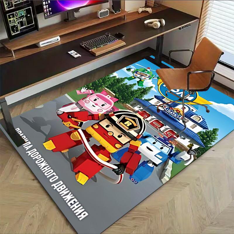 1pc Robocar Poli Adventure Carpet for Playroom Bedroom Living Room Sofa Home Decor,kids Game Area Rug Non-slip Floor Mat Y730150
