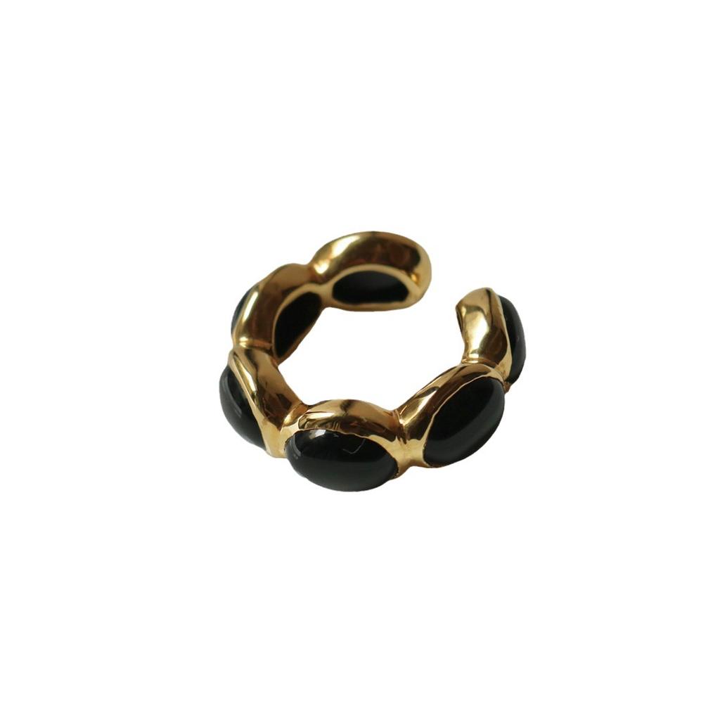 Эксклюзивный Дизайн Позолоченное 18K Настоящим Золотом Инкрустированное Черным Агатом Двухцелевое Клипса-Кольцо, Уникальное Модное Кольцо