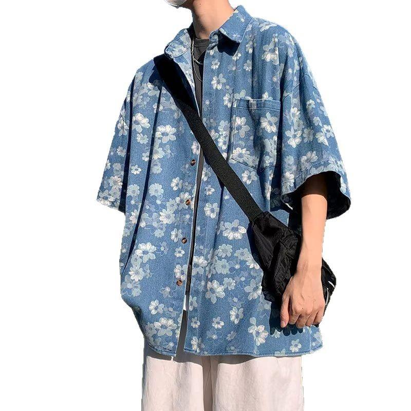 Womens Short Sleeve Denim Shirt Floral Print Vintage Washed Loose Fit Casual Top