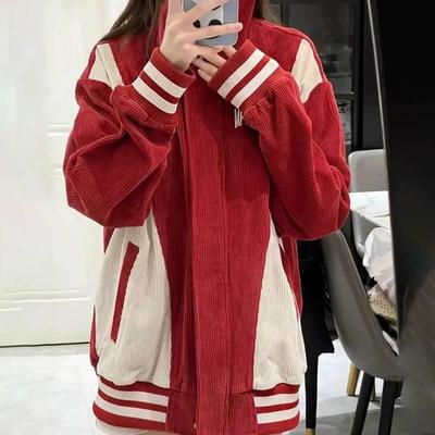 Вельветовая куртка женская осенняя красная молния удобная теплая куртка в стиле ретро свободный универсальный кардиган топы