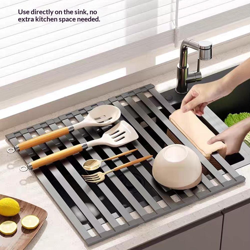 32 x 34.5cm Over Sink Dish Drying Rack Foldable Drainer Shelf Space Aluminum Roll Up Mat Kitchen Organizer