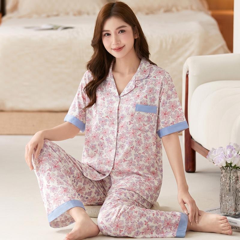 Guofeng high-end middle-aged mother generation imitation cotton pajamas floral design short sleeves trousers loose large size set