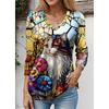 Жен. Футболка Футболка с цветочным принтом Кот Повседневная Праздники Желтый Синий Фиолетовый С принтом Длинный рукав Мода Забавный V-образный вырез Обычный крой Весна и осень