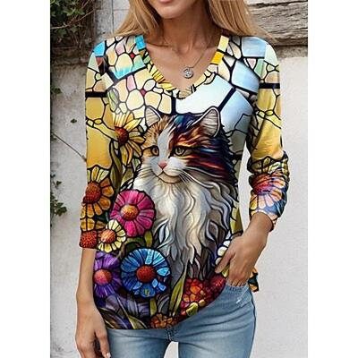 Жен. Футболка Футболка с цветочным принтом Кот Повседневная Праздники Желтый Синий Фиолетовый С принтом Длинный рукав Мода Забавный V-образный вырез Обычный крой Весна и осень