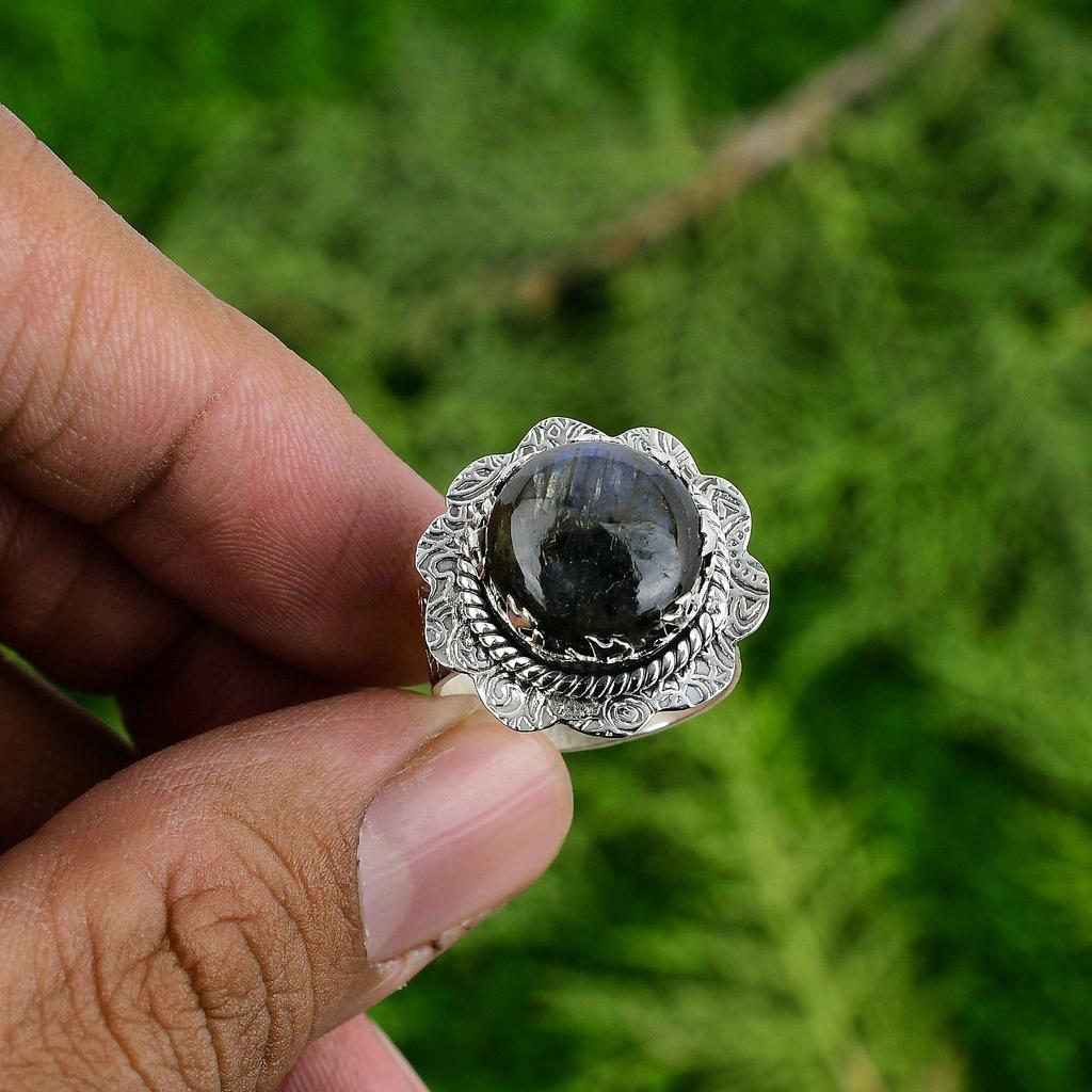 Natural Labradorite Gemstone Promise Blue Adjustable Ring 925 Sterling Silver