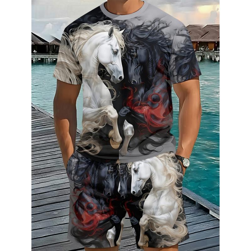 Men's Eye-Catching Summer Set: Printed Tee with Horse Motif & Matching Shorts. Trendy Loose Fit for Plus Size Men - Holiday Wear