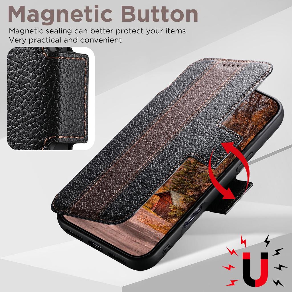 Чехол-книжка для iPhone 17: Слот для карт, Магнитная застежка, Подставка для беспроводной зарядки, Кошелек с цветными блоками, Кожа