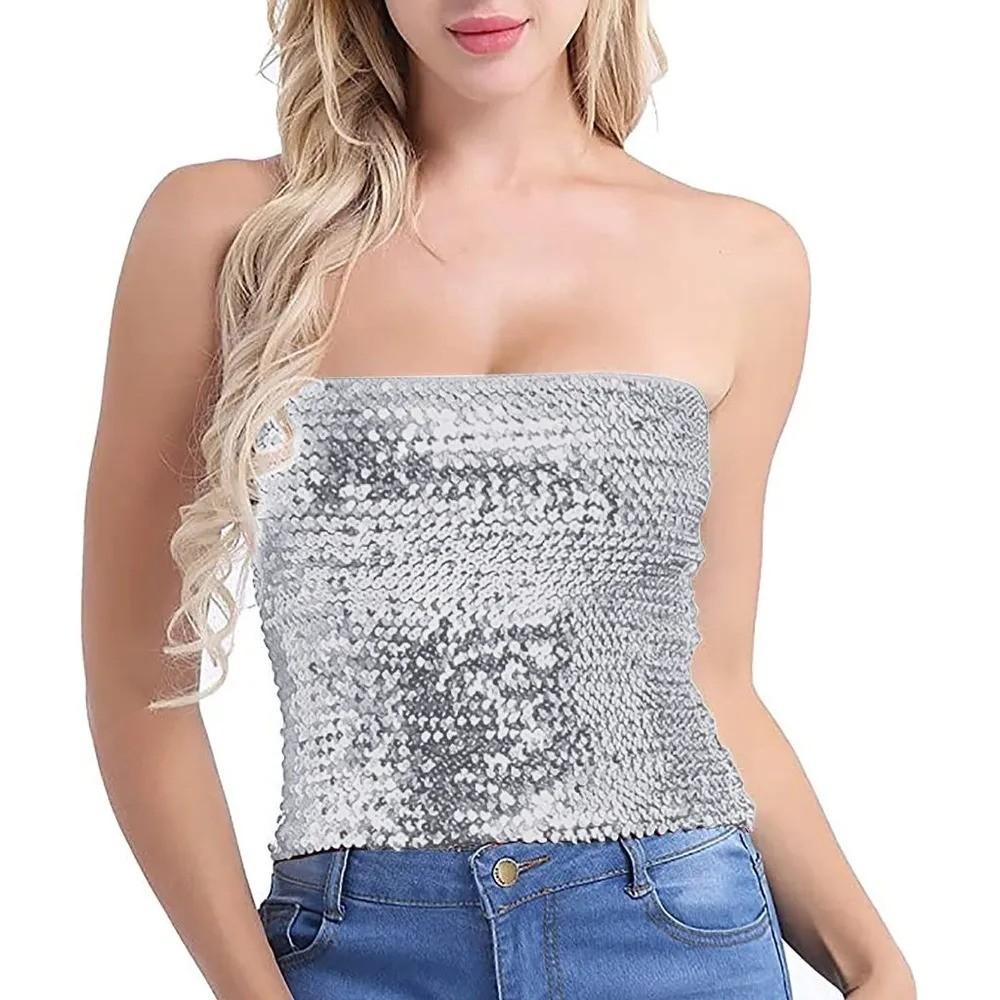 Women's Stage Performance Costume High Elastic Sequin Tube Top