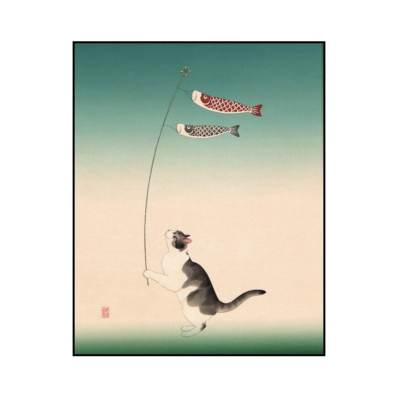 Очаровательные забавные животные, художественная кошка, играющая с рыбой в воде, постер, картина на холсте, печать, настенная художественная картина для дома