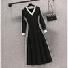 New Spring Fashion Temperament Contrasting Color Patchwork V-neck Slim Long Sleeved Oversized Women's Dress