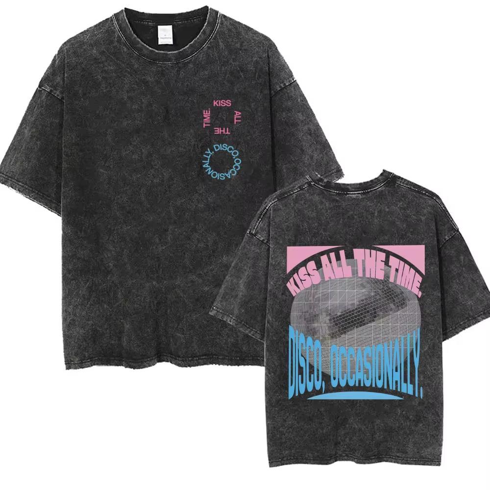 Kiss All The Time Disco Occasionally Washed Vintage T-shirts Fans Gift Men Women Fashion Pop Music Streetwear Male Oversized Tee