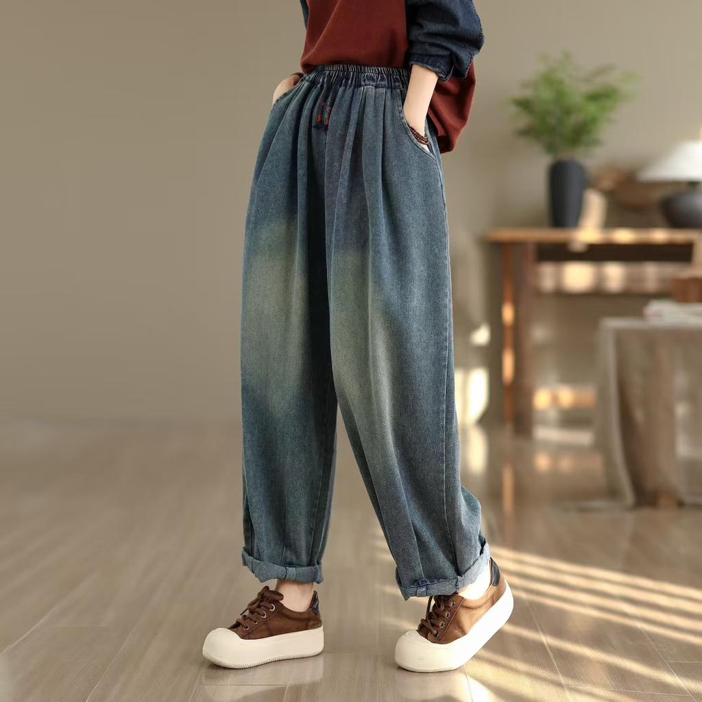 Dimanaf 2025 Summer Women Jeans Solid Harem Pants High Waist Elastic Basic Loose Harem Pants