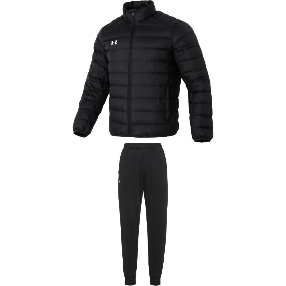 Under Armour Solid Color Stand Collar Zipper Loose Warm Top And Cuffed Long Pants Casual Sports Set Men Sets Black 23600804-001+23600704-001