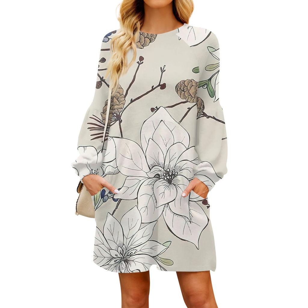 Модное женское осеннее повседневное свободное платье с длинным рукавом и цветочным принтом