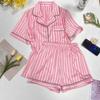 Women Pajamas Set Short-Sleeved Student Homewear Two-Piece Cardigan Lapel Senior Sense of Striped Short-Sleeved Short