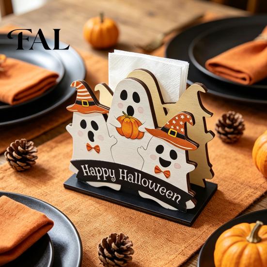 Desktop Accessory Halloween Wooden Napkin Holder, Ghost Pumpkin Decorative Tabletop Tissue Dispenser, Holiday Table Decor Paper Storage Organizer for