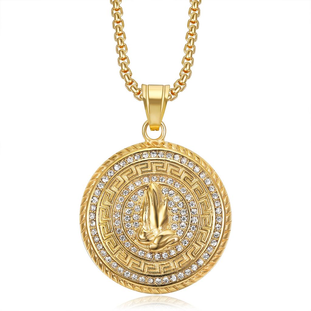 European and American Cross-border New Hip-hop, Jewelry, Gold-plated Diamond Disc Prayer Hand Pendant Necklace